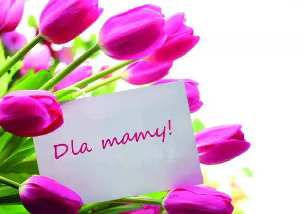 Różowe tulipany z kartką "Dla mamy!".